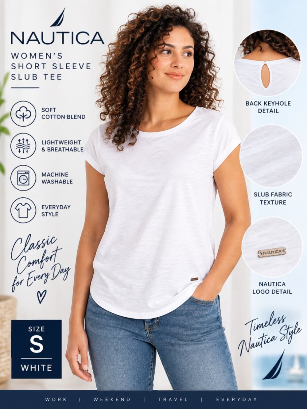 Nautica Women’s White Slub Tee Short Sleeve Keyhole Back S